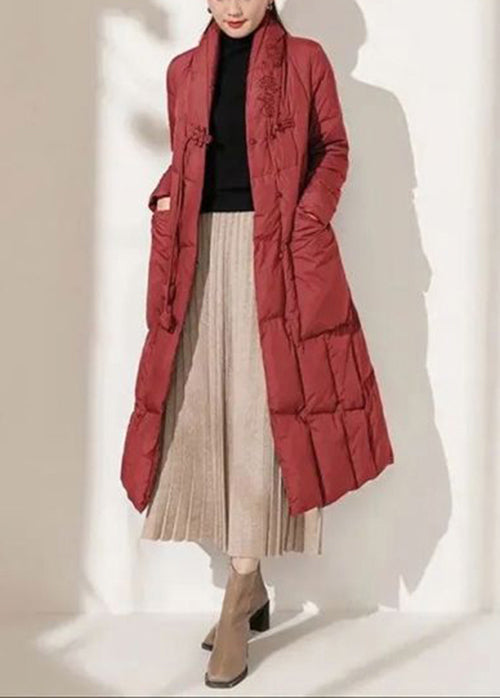 Classy Red Tasseled Pockets Duck Down Puffer Parkaer Winter