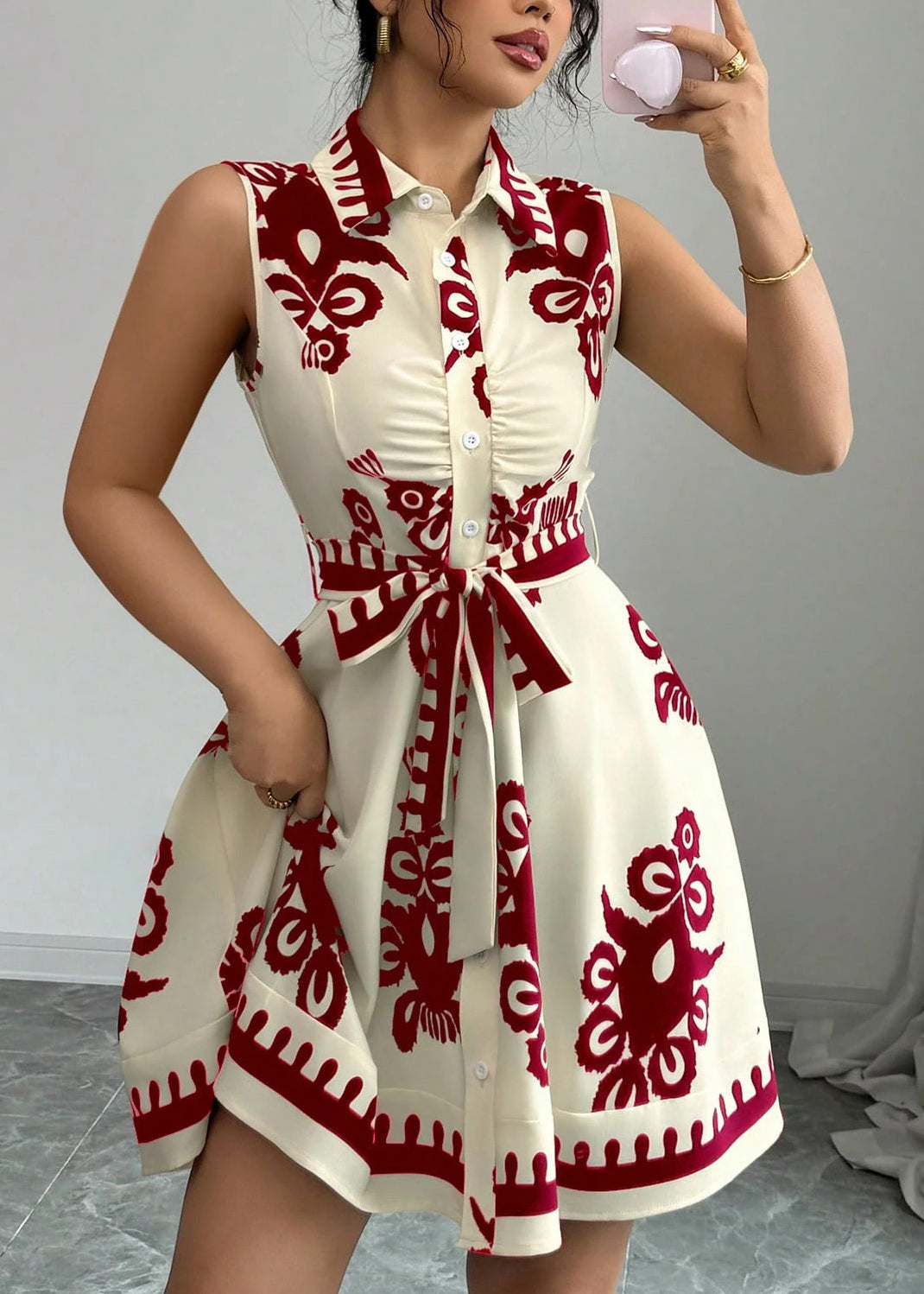 Classy Red Tie Waist Print Cotton Day Dress Summer