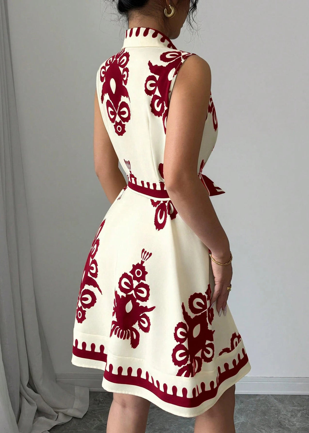 Classy Red Tie Waist Print Cotton Day Dress Summer