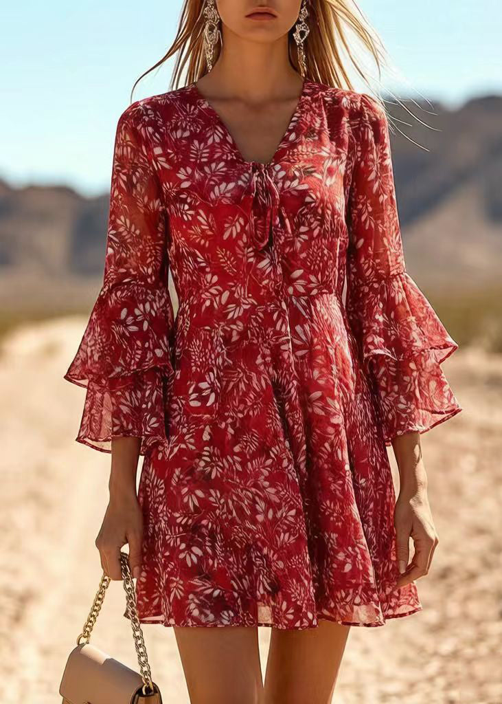 Classy Red V Neck Print Chiffon Holiday Dress Summer