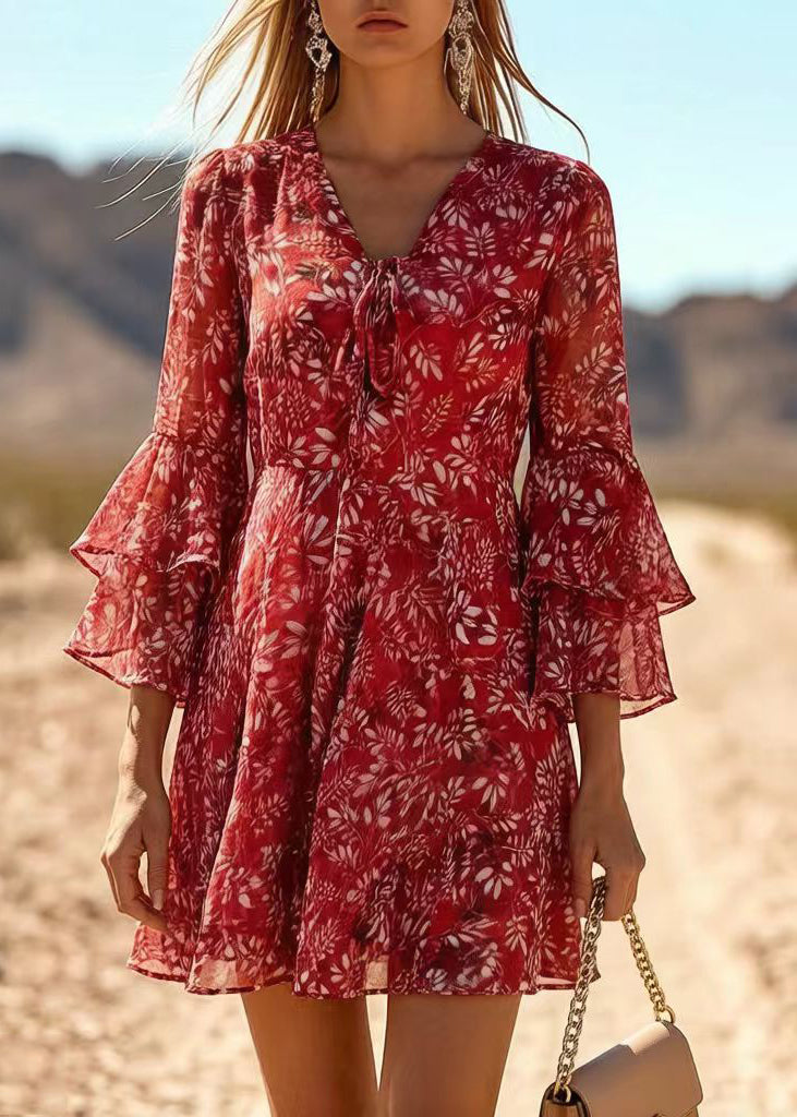 Classy Red V Neck Print Chiffon Holiday Dress Summer