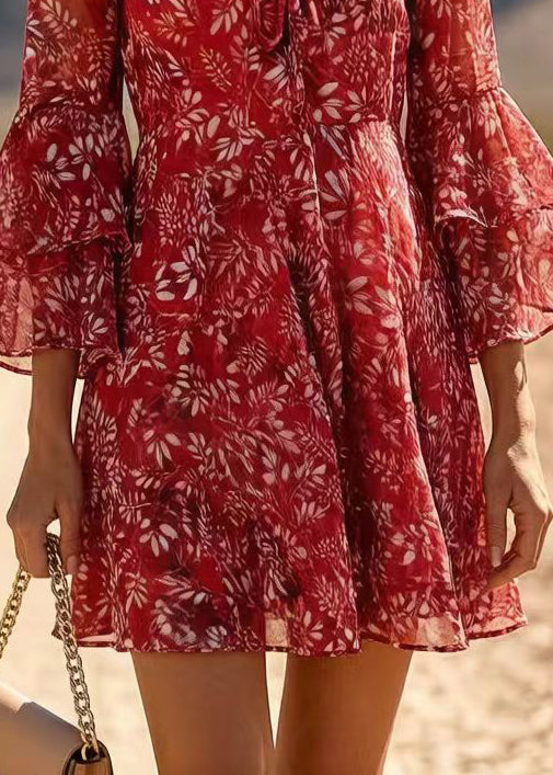 Classy Red V Neck Print Chiffon Holiday Dress Summer