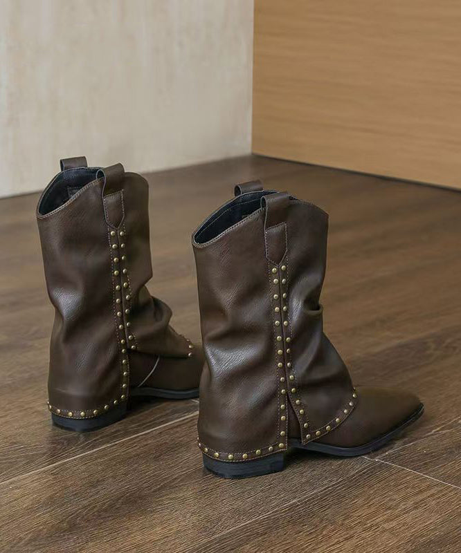 Classy Rivet Splicing Chunky Boots Black Faux Leather