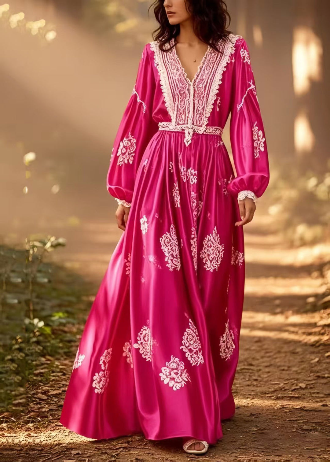 Classy Rose Print Patchwork Exra Large Hem Silk Maxi Dress Spring