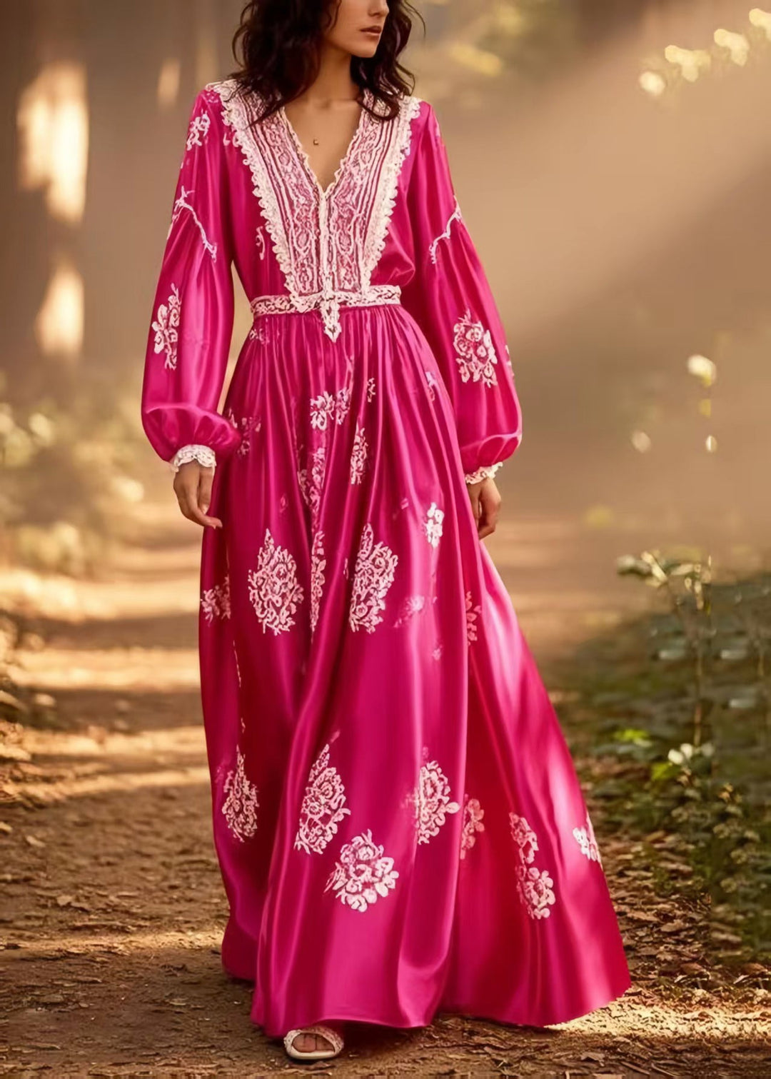 Classy Rose Print Patchwork Exra Large Hem Silk Maxi Dress Spring