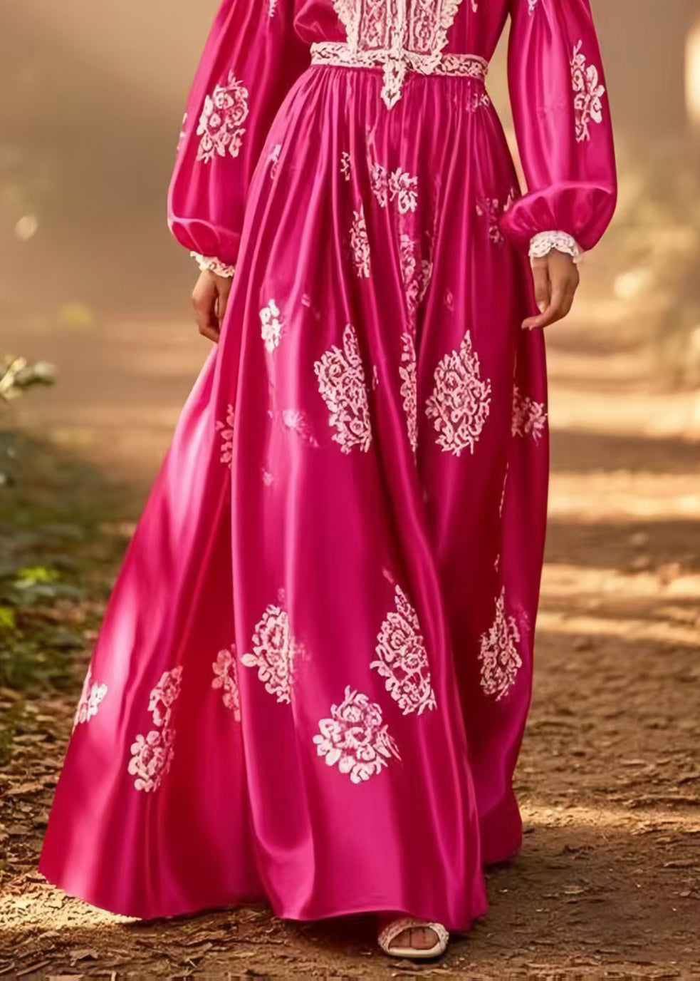 Classy Rose Print Patchwork Exra Large Hem Silk Maxi Dress Spring