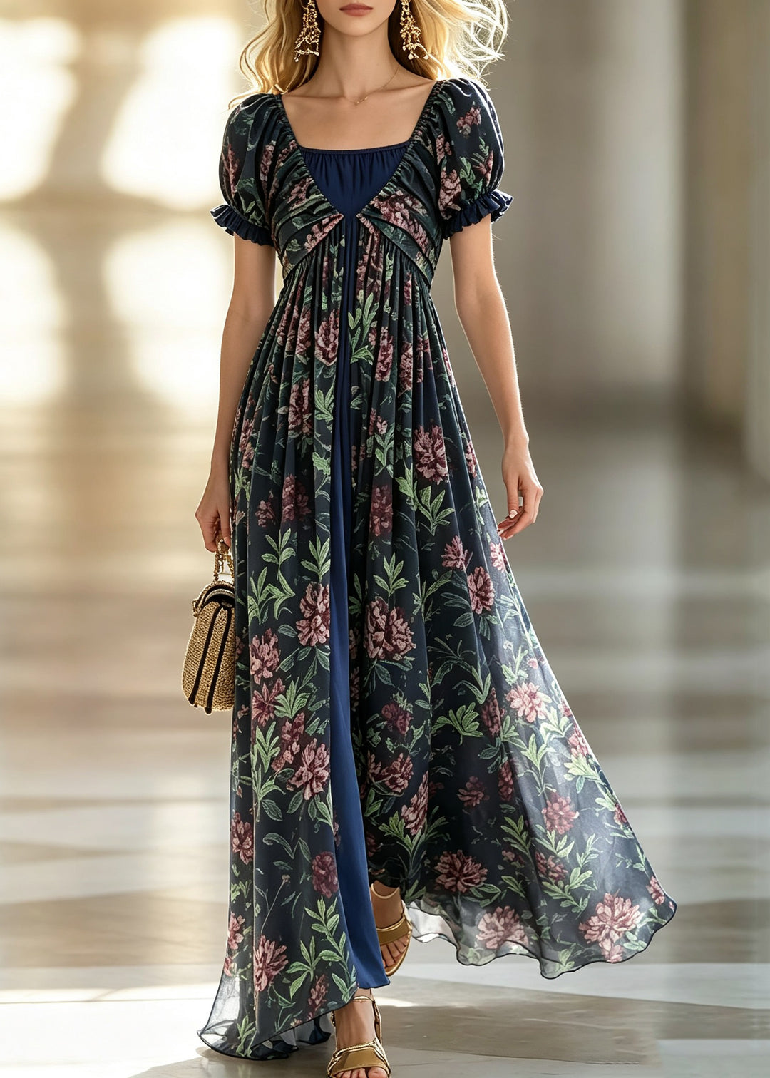 Classy Ruffled Print Flattering Long Dresses Short Sleeve