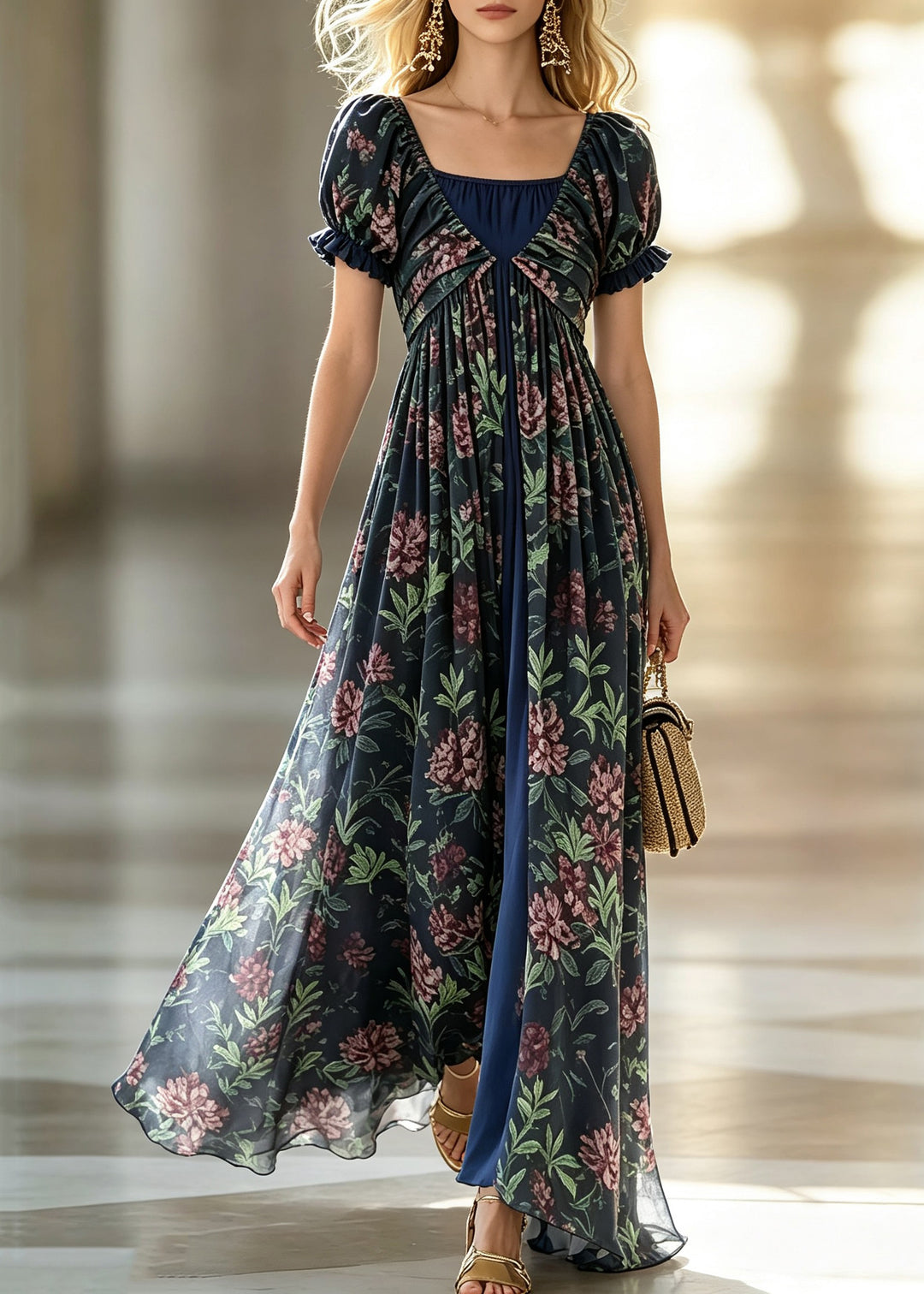 Classy Ruffled Print Flattering Long Dresses Short Sleeve