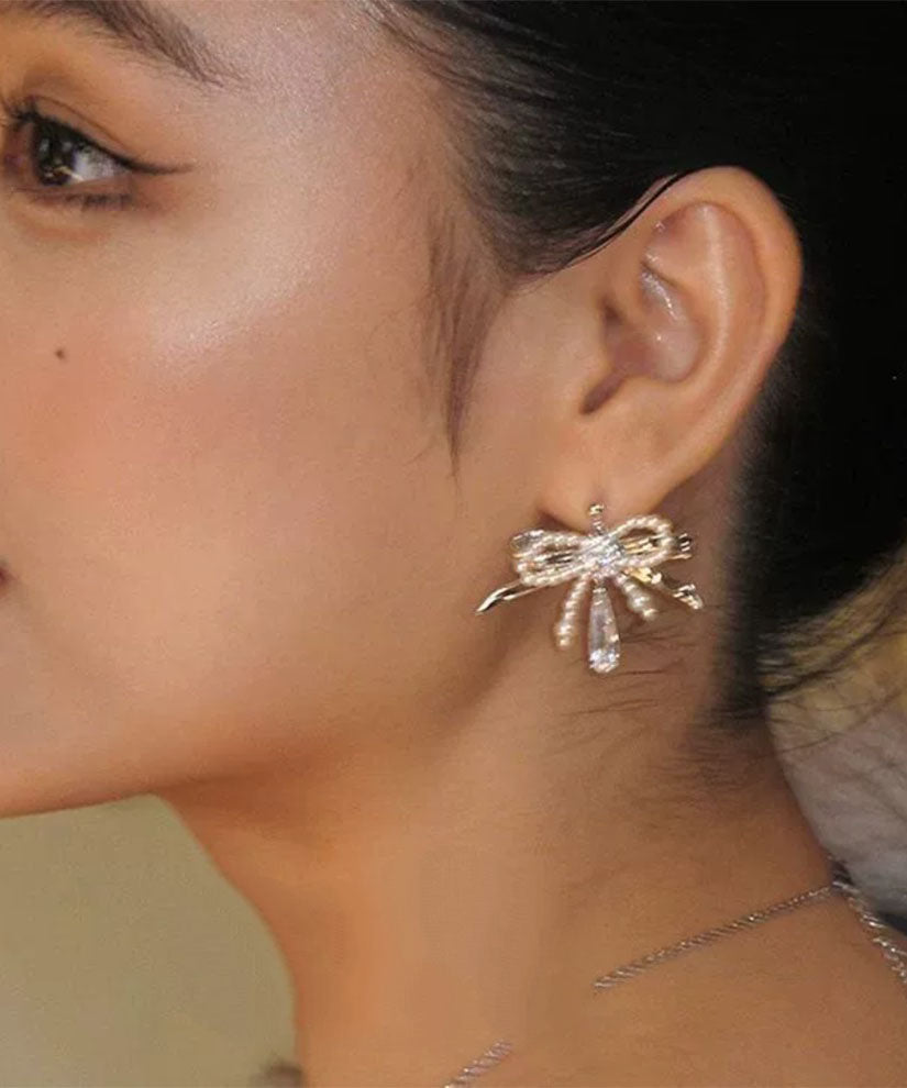 Classy Silk Copper Zircon Bow Pearl Water Drop Stud Earrings