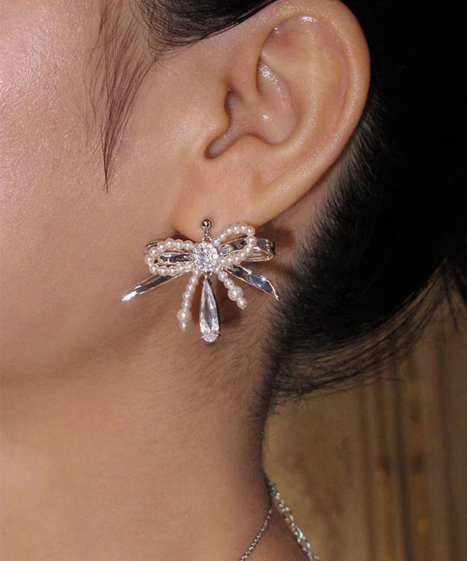 Classy Silk Copper Zircon Bow Pearl Water Drop Stud Earrings