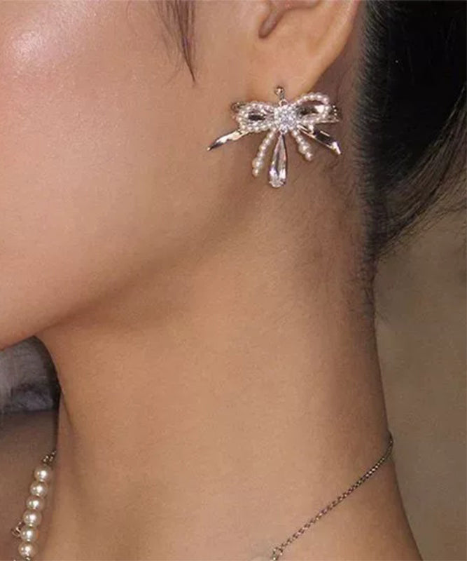 Classy Silk Copper Zircon Bow Pearl Water Drop Stud Earrings