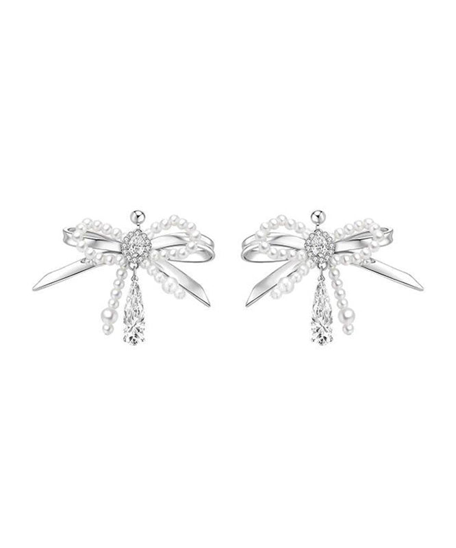 Classy Silk Copper Zircon Bow Pearl Water Drop Stud Earrings