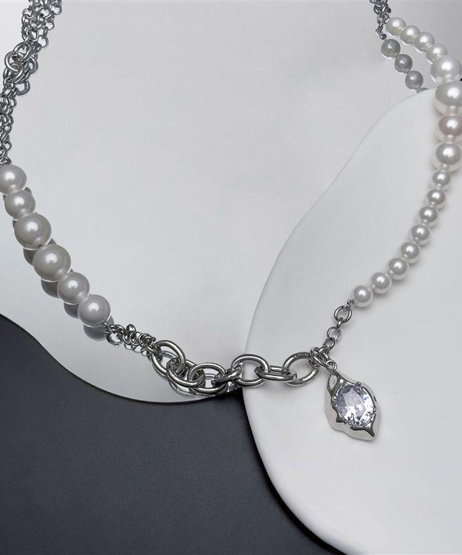 Classy Silk Stainless Steel Pearl Water Drop Zircon Pendant Necklace