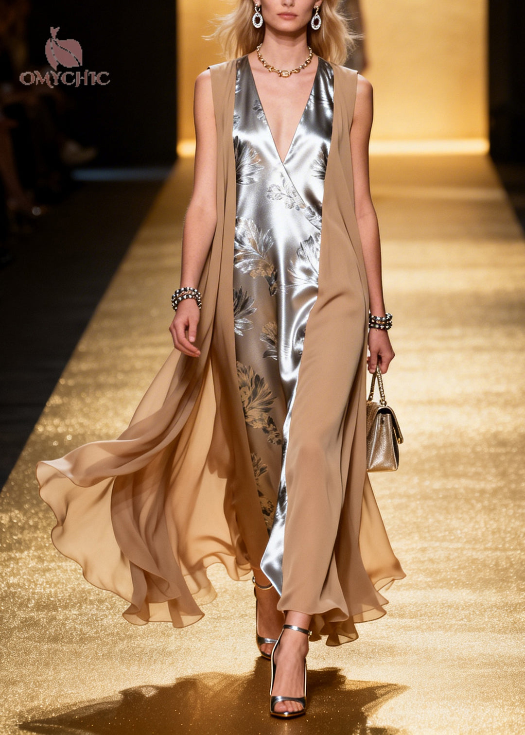 Classy Silvery Jacquard Patchwork Chiffon Fake Two Piece Dresses Summer