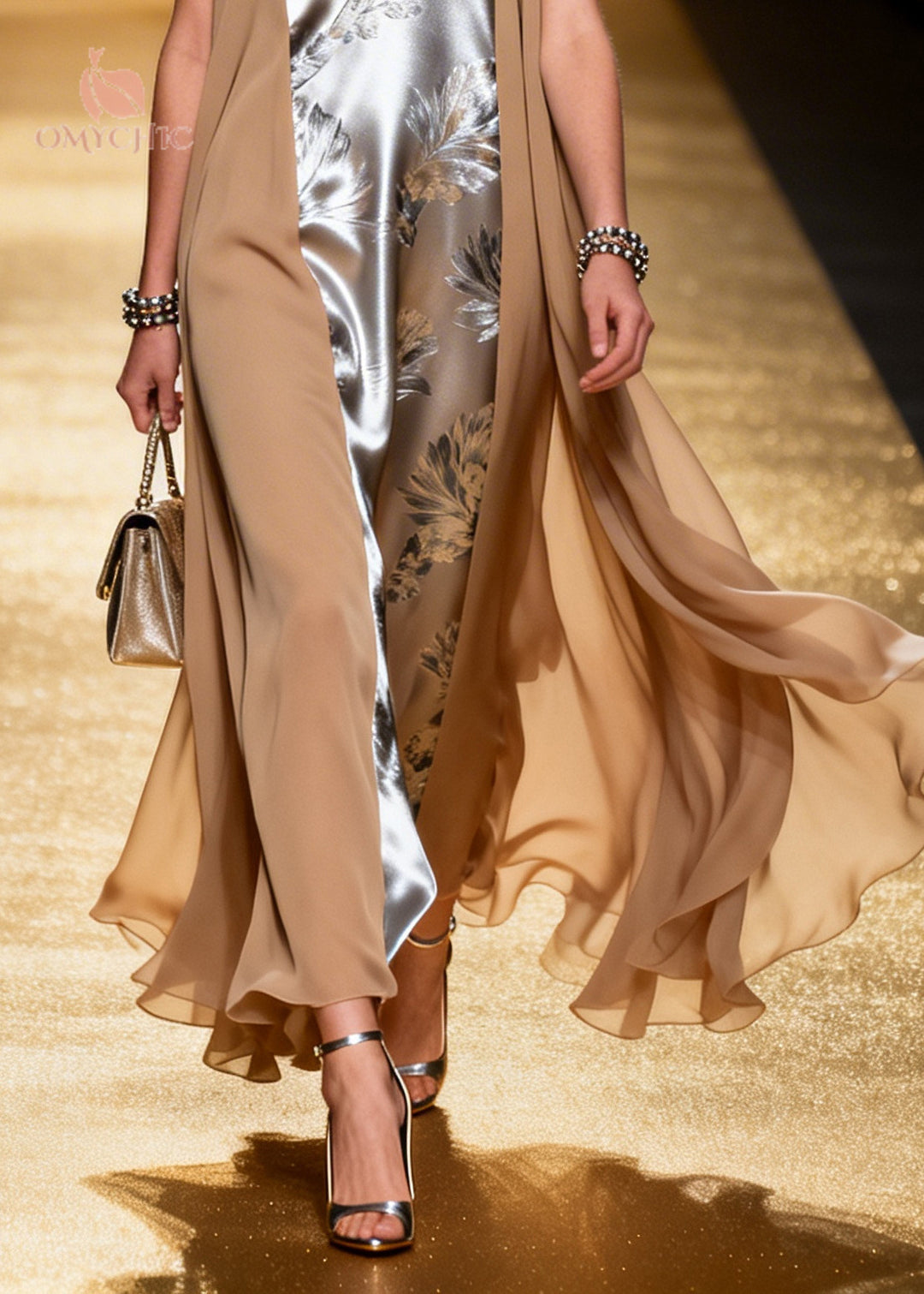 Classy Silvery Jacquard Patchwork Chiffon Fake Two Piece Dresses Summer
