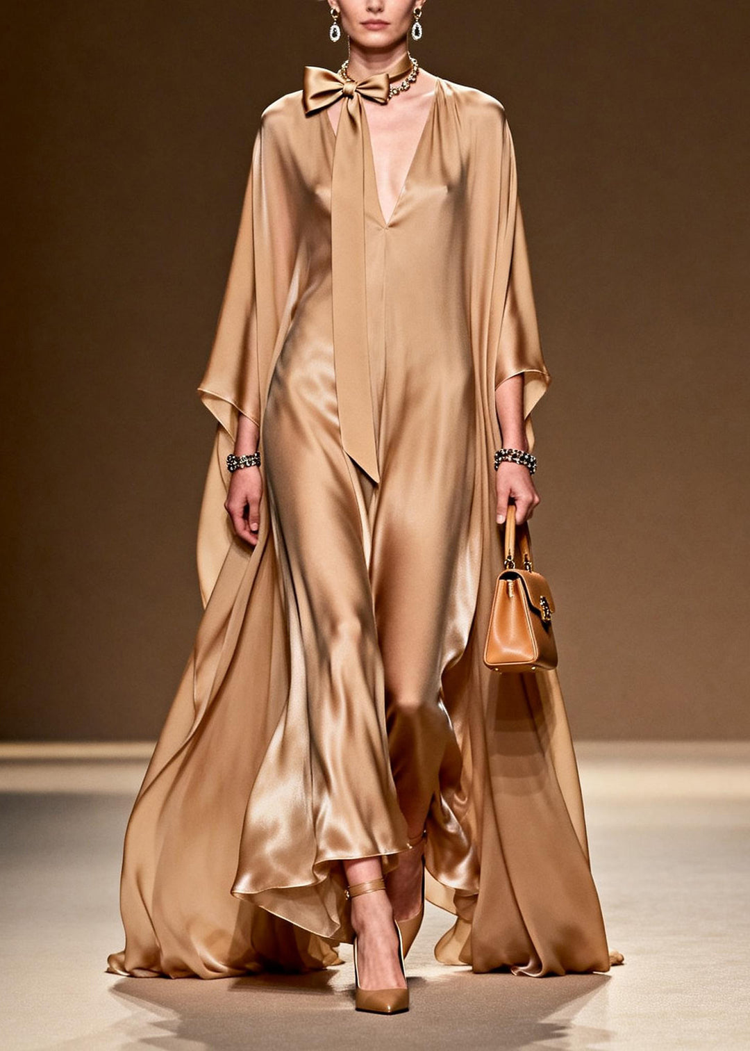 Classy Simple V Neck Silk Long Dress Spring