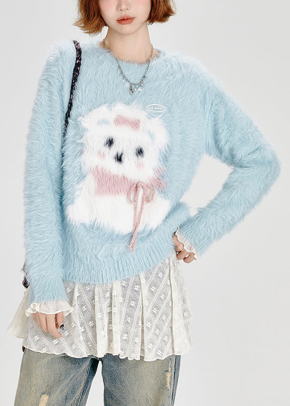 Classy Sky Blue Cute Dog Fuzzy Fur Fluffy Knitted Tops Winter