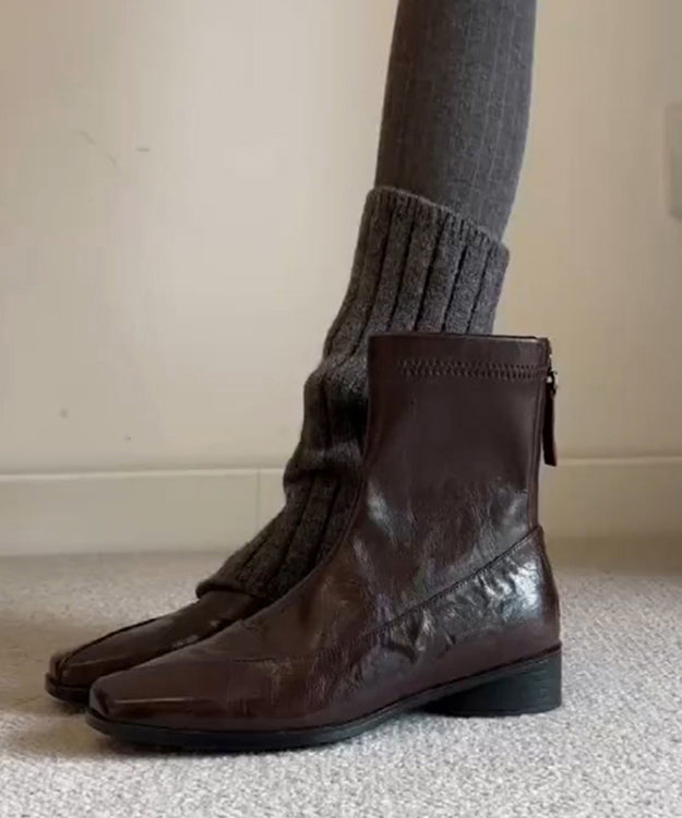 Classy Splicing Boots Brown Cowhide Leather Square Toe