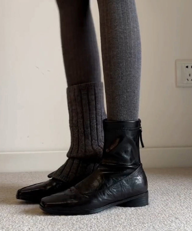 Classy Splicing Boots Brown Cowhide Leather Square Toe