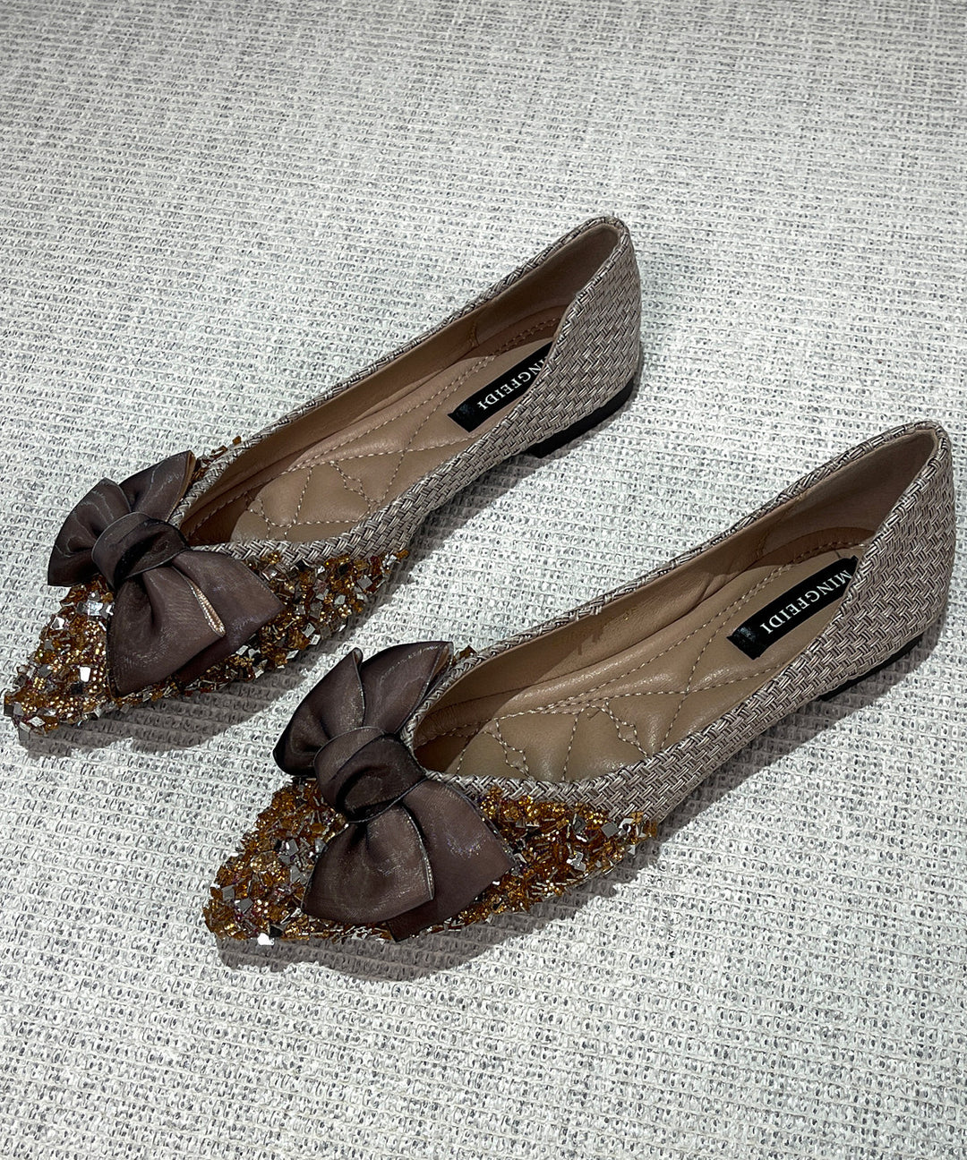 Classy Splicing Bow Pointed Toe Flats Apricot Sheepskin