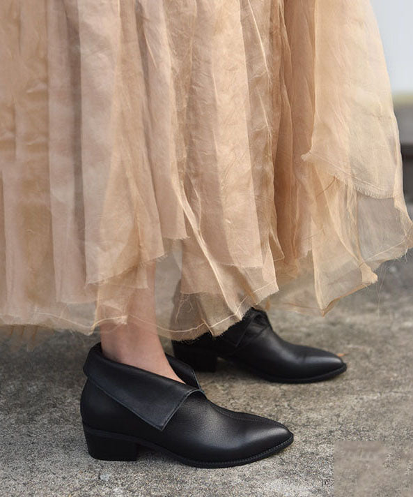 Classy Splicing Chunky Boots Black Cowhide Leather Pointed Toe