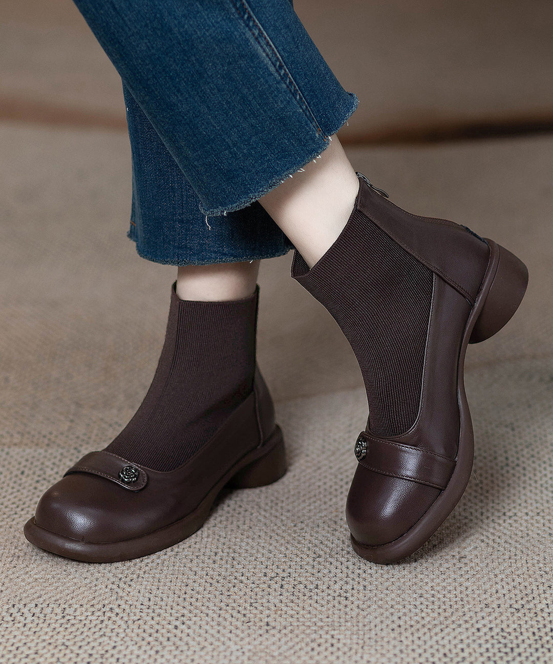 Classy Splicing Chunky Boots Brown Sheepskin