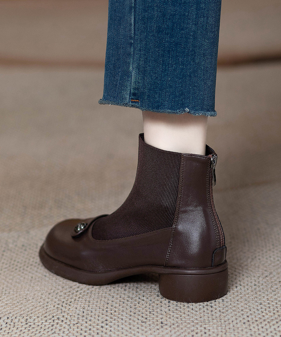 Classy Splicing Chunky Boots Brown Sheepskin