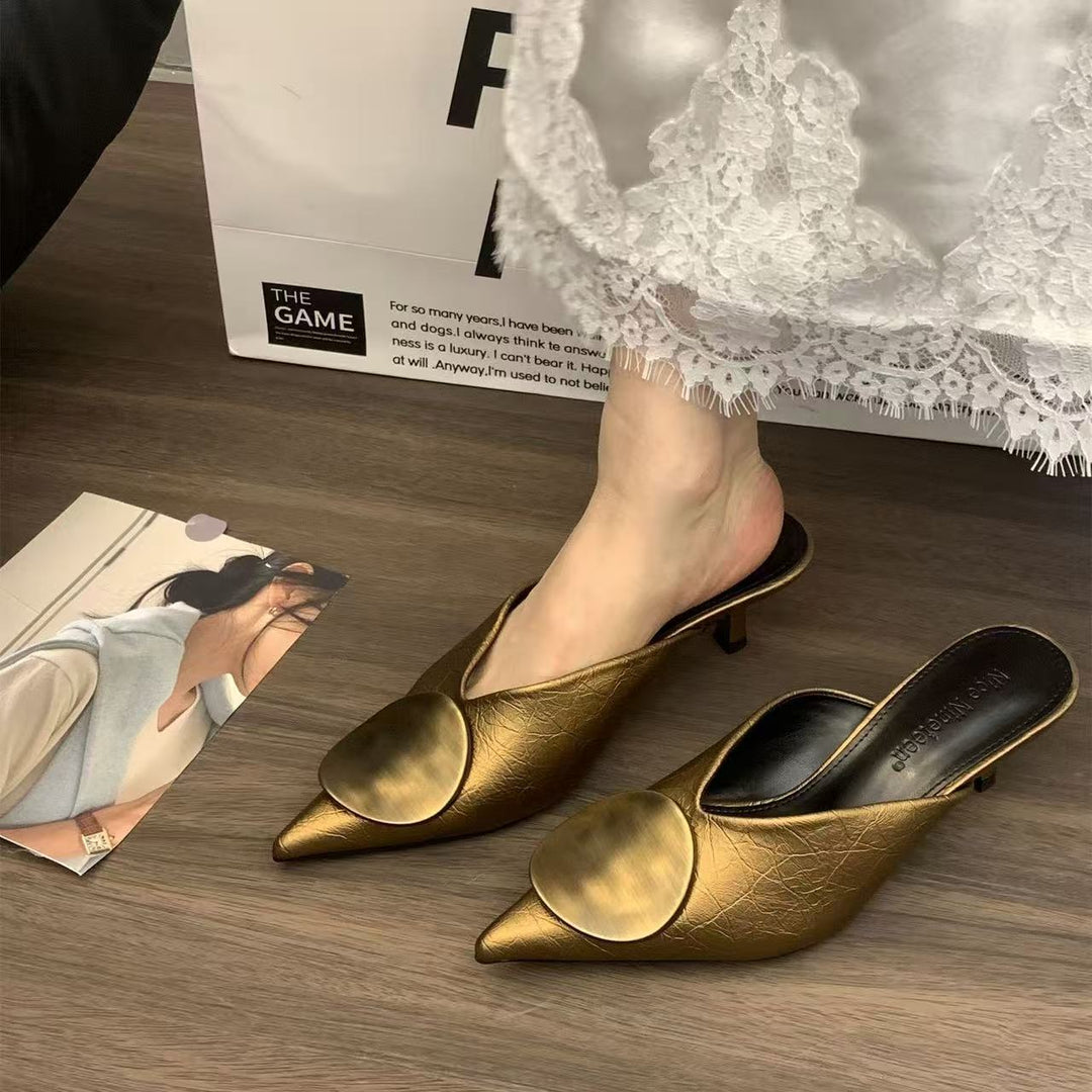 Classy Splicing Gold High Heel Faux Leather Slide Sandals