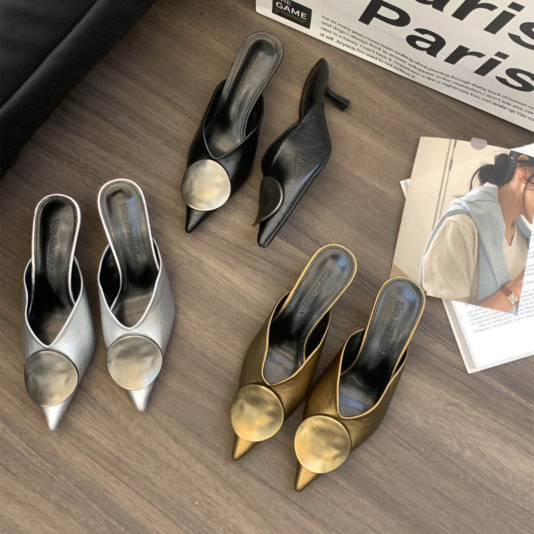 Classy Splicing Gold High Heel Faux Leather Slide Sandals