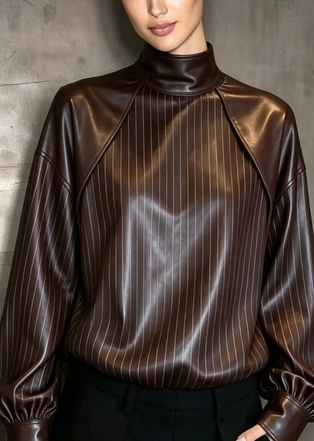 Classy Stand Collar Patchwork Faux Leather Top Fall