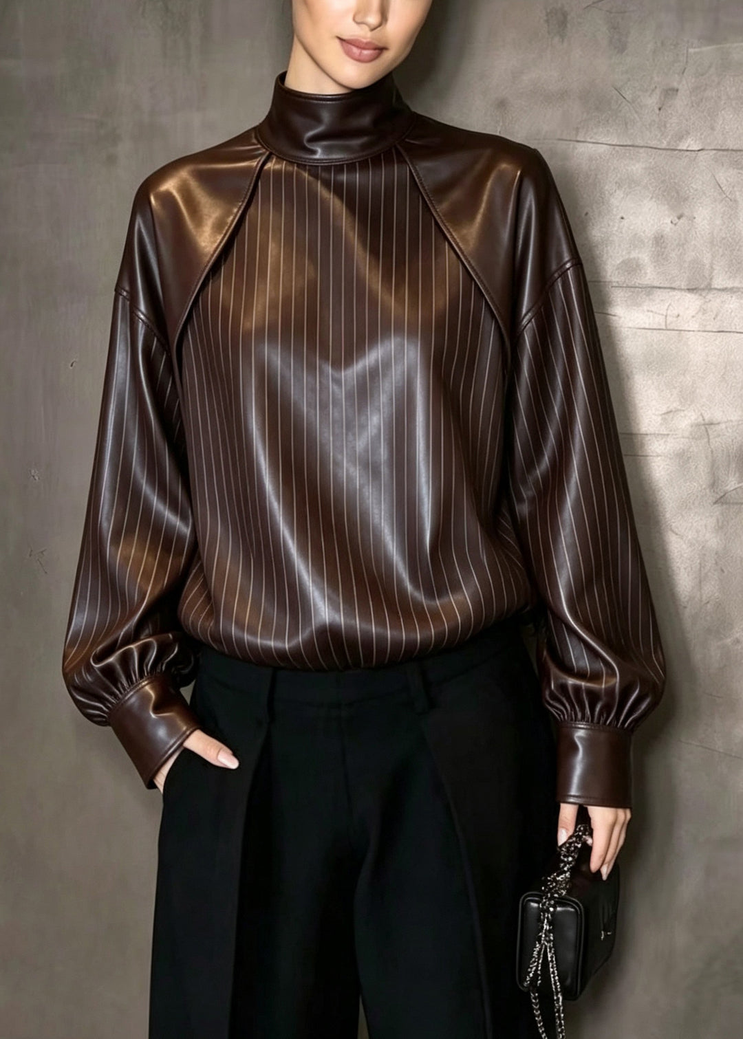 Classy Stand Collar Patchwork Faux Leather Top Fall