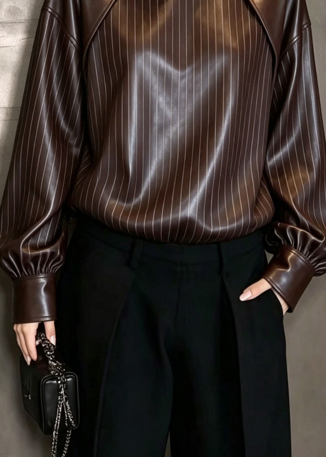Classy Stand Collar Patchwork Faux Leather Top Fall