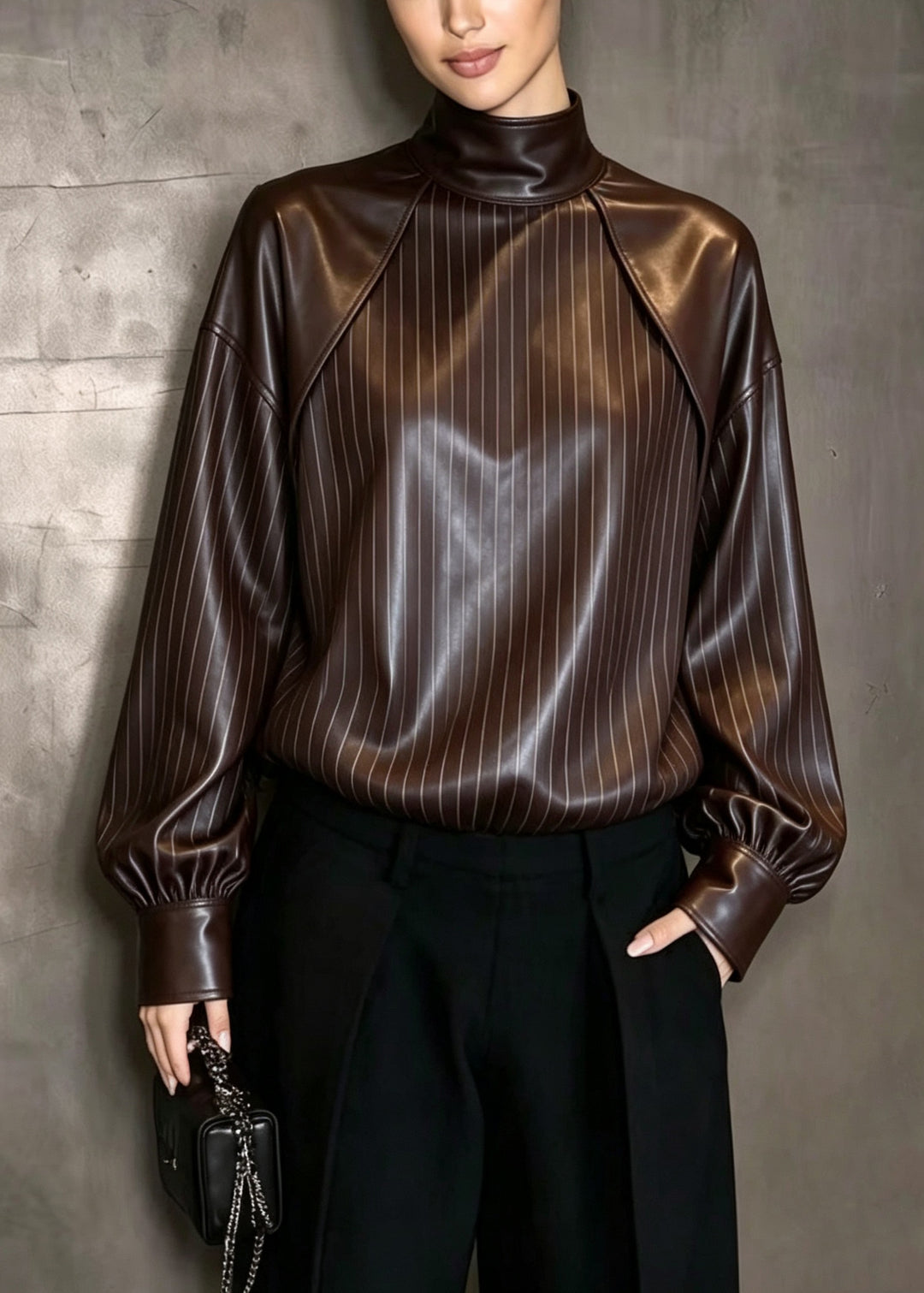 Classy Stand Collar Patchwork Faux Leather Top Fall