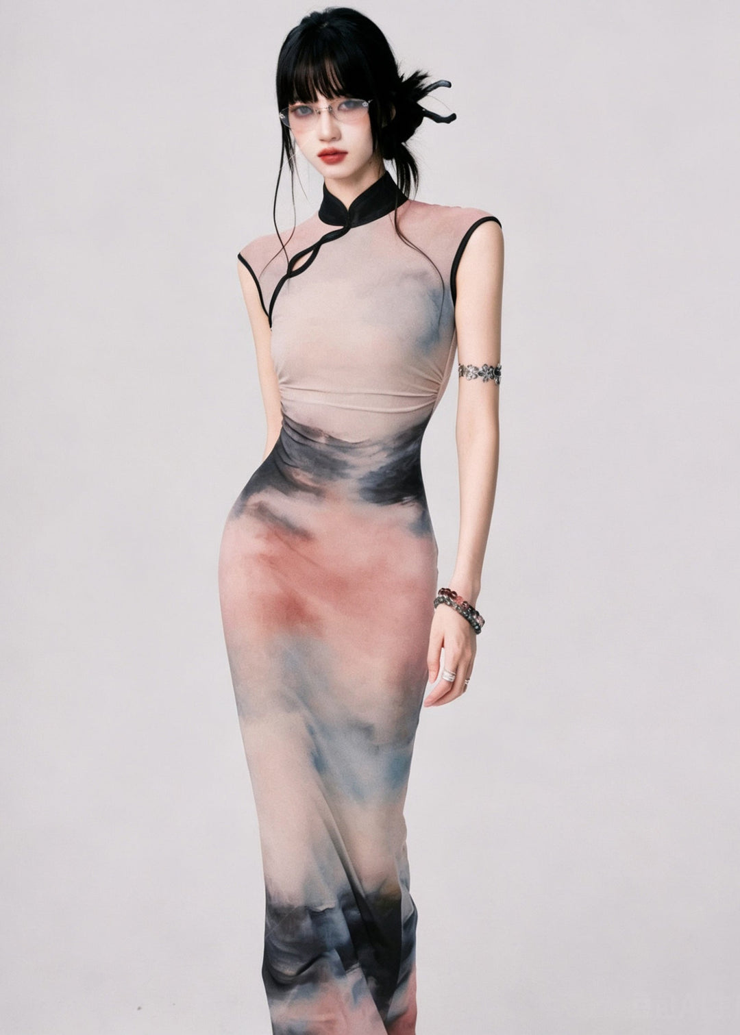 Classy Stand Collar Tie Dye Long Dress Sleeveless