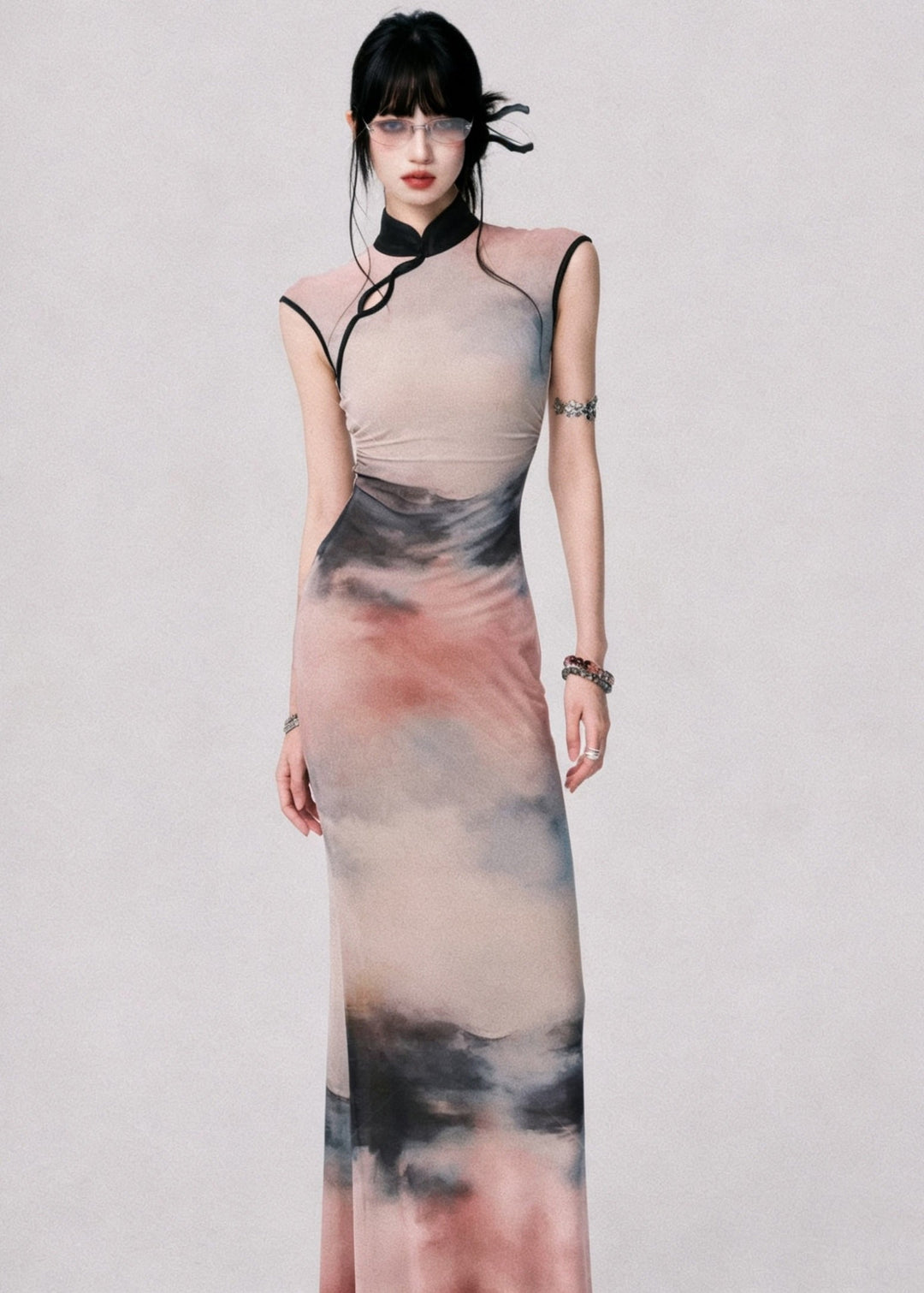 Classy Stand Collar Tie Dye Long Dress Sleeveless