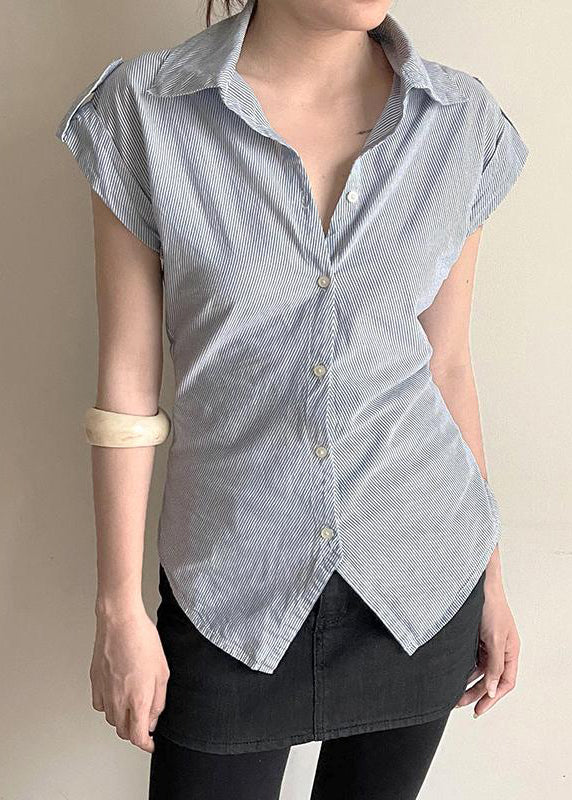 Classy Striped Peter Pan Collar Button Cotton Blouses Summer