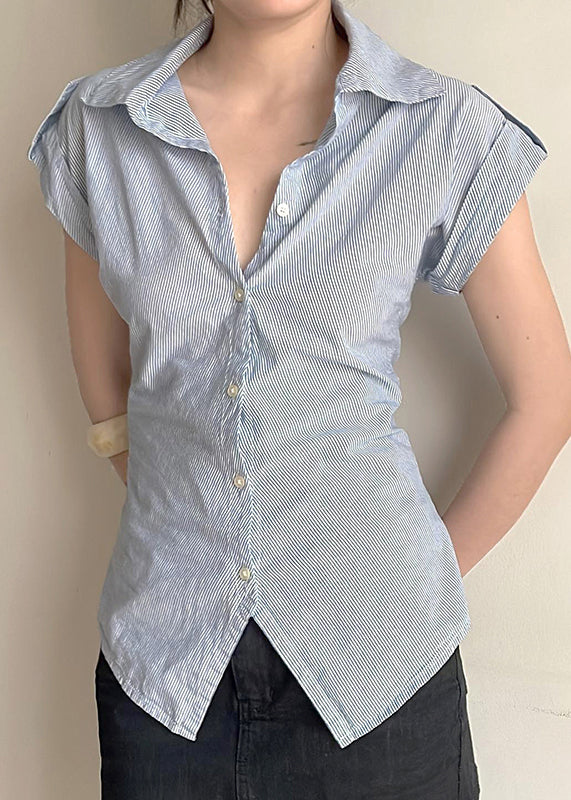 Classy Striped Peter Pan Collar Button Cotton Blouses Summer