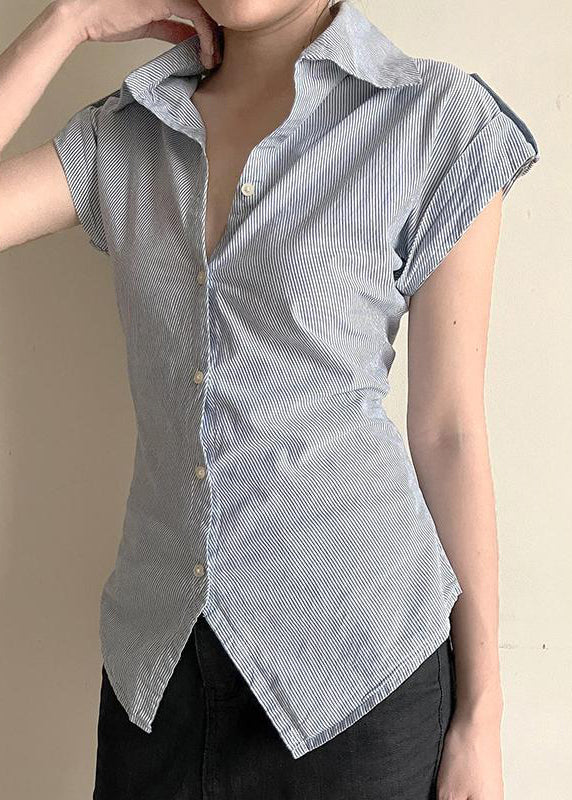 Classy Striped Peter Pan Collar Button Cotton Blouses Summer
