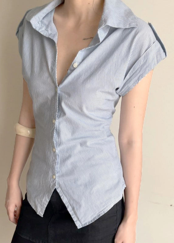 Classy Striped Peter Pan Collar Button Cotton Blouses Summer