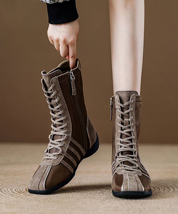 Classy Suede Splicing Boots Lace Up Brown Cowhide Leather