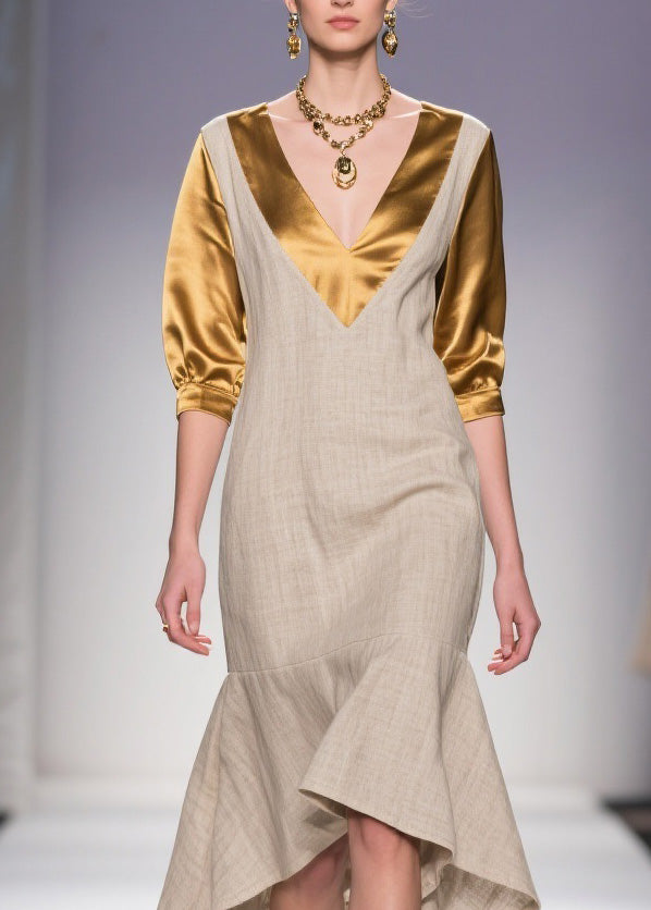 Classy V Neck Asymmetrical Patchwork Linen Silk Dress Summer