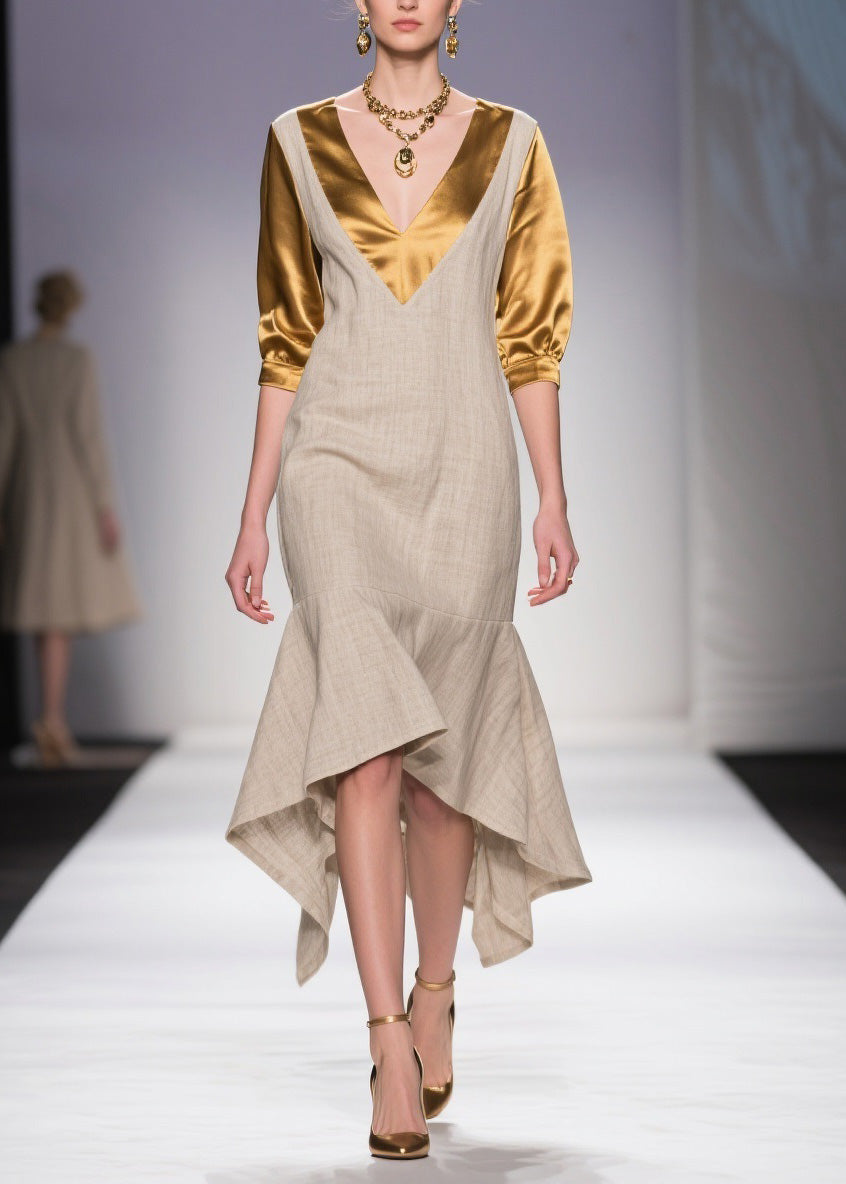 Classy V Neck Asymmetrical Patchwork Linen Silk Dress Summer