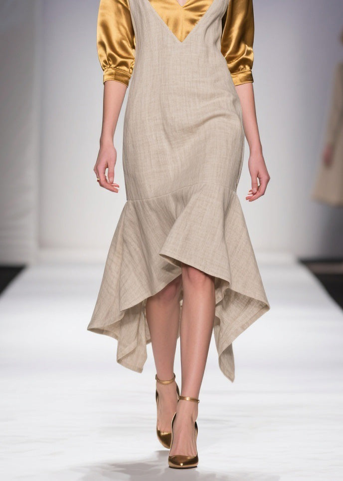 Classy V Neck Asymmetrical Patchwork Linen Silk Dress Summer