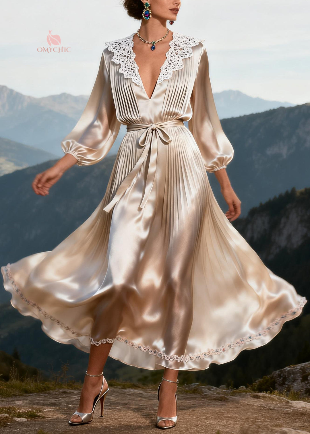 Classy V Neck Lace Tie Waist Floral Patchwork Silk Dress Summer