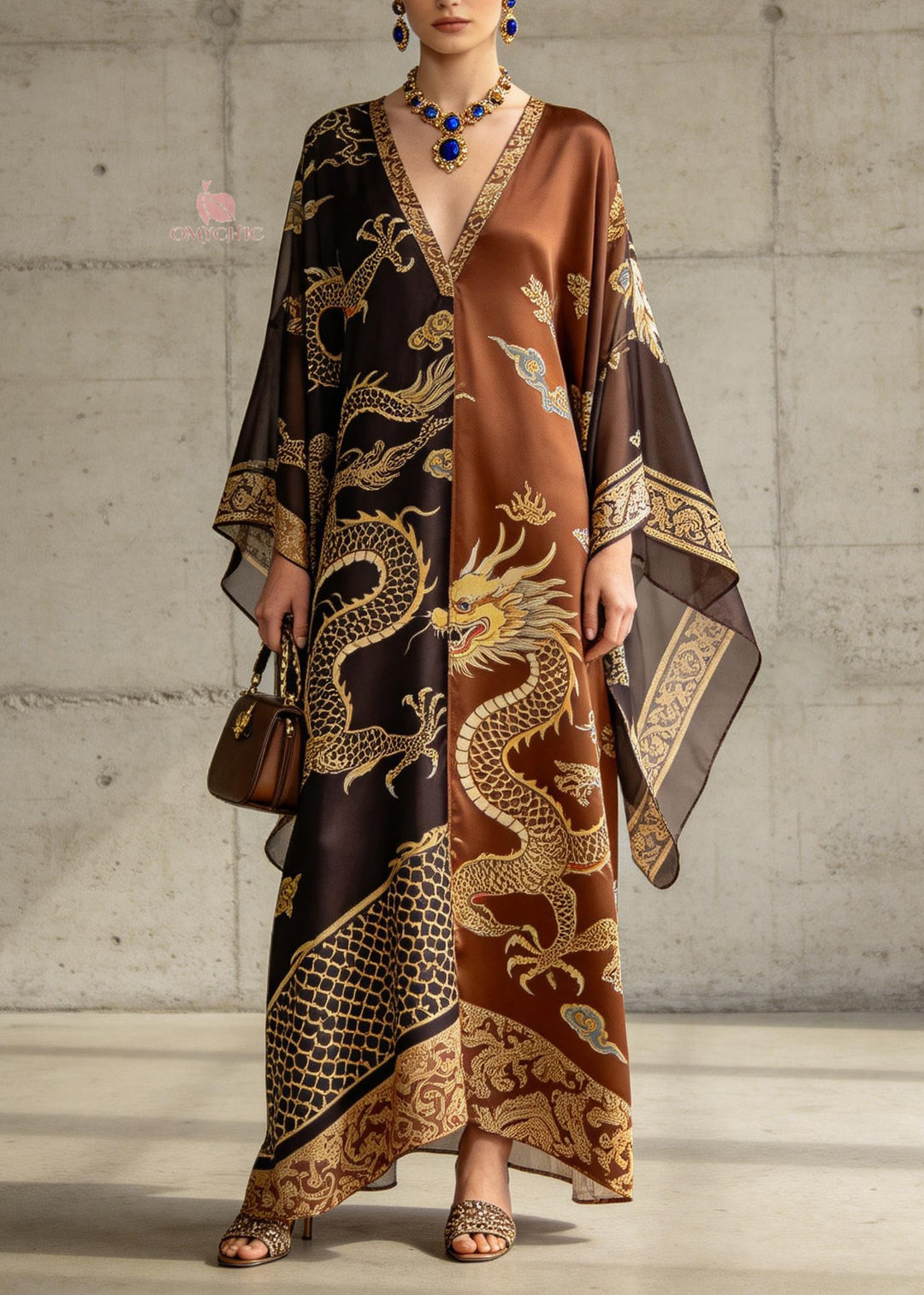 Classy V Neck Oriental Print Chiffon Robe Dresses Summer - Omychic