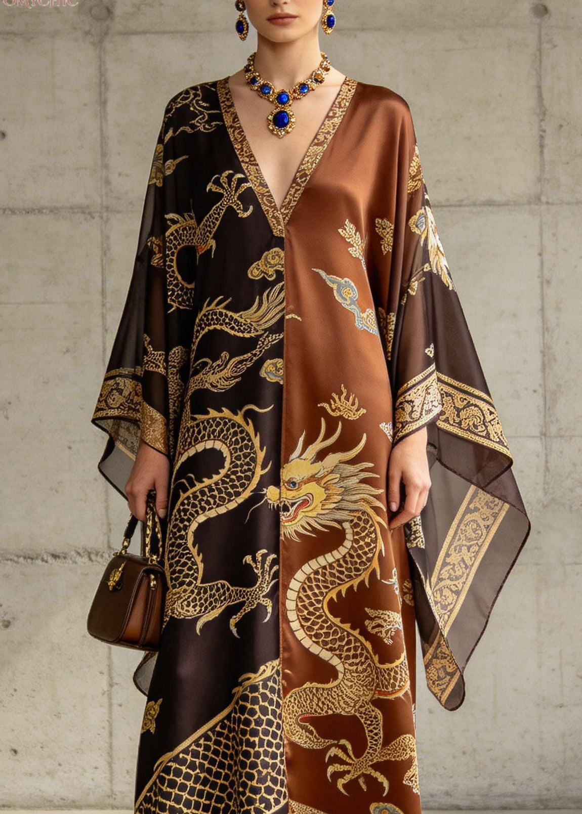 Classy V Neck Oriental Print Chiffon Robe Dresses Summer - Omychic