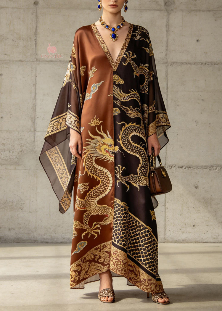 Classy V Neck Oriental Print Chiffon Robe Dresses Summer - Omychic
