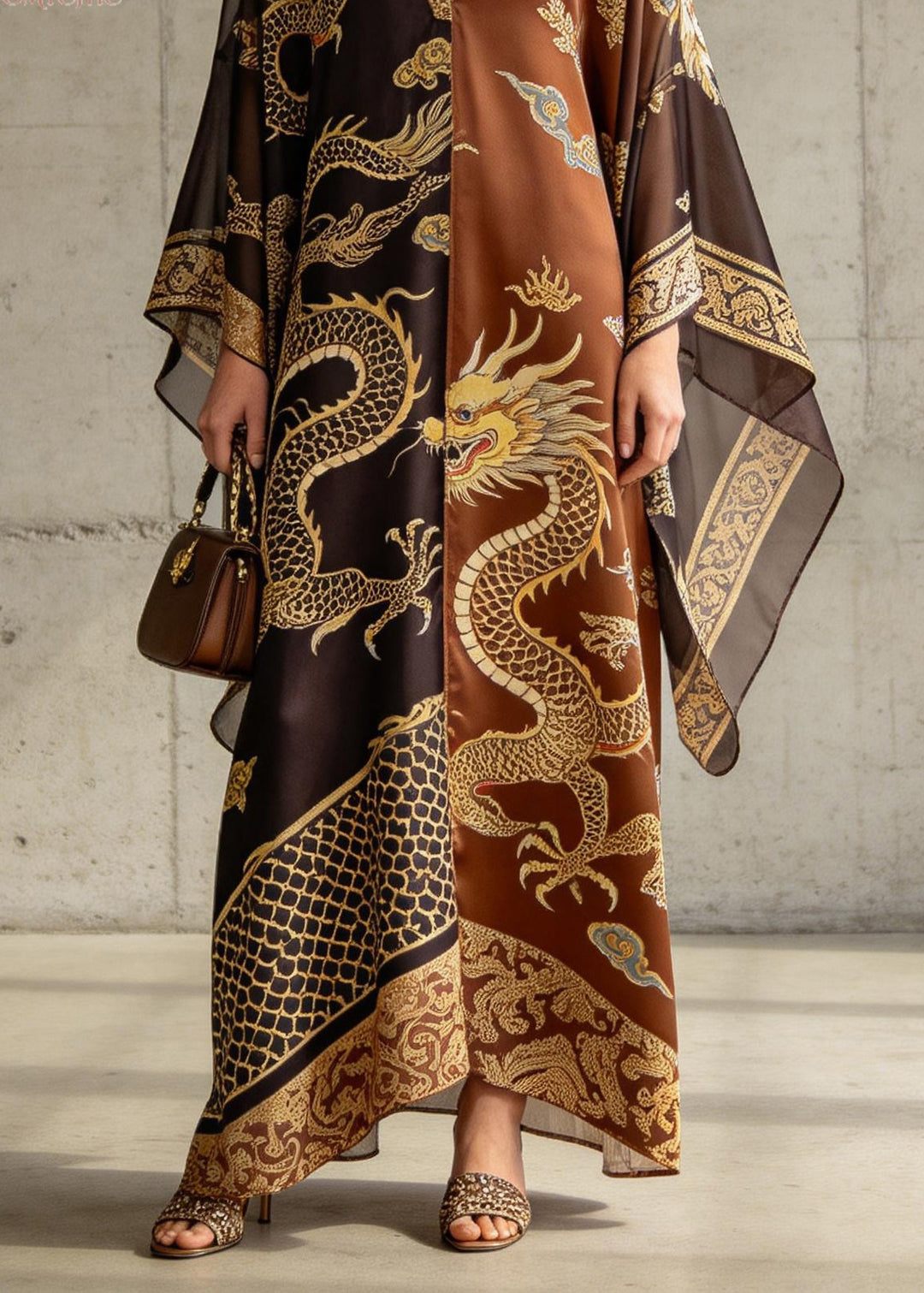 Classy V Neck Oriental Print Chiffon Robe Dresses Summer - Omychic