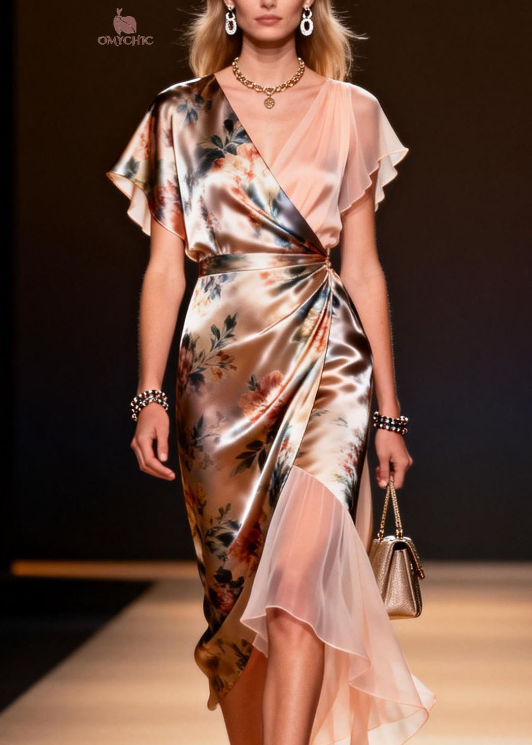 Classy V Neck Print Asymmetrical Patchwork Silk Dress Summer