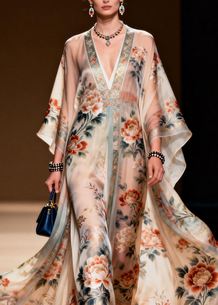 Classy V Neck Print Chiffon Long Dress Spring - Omychic
